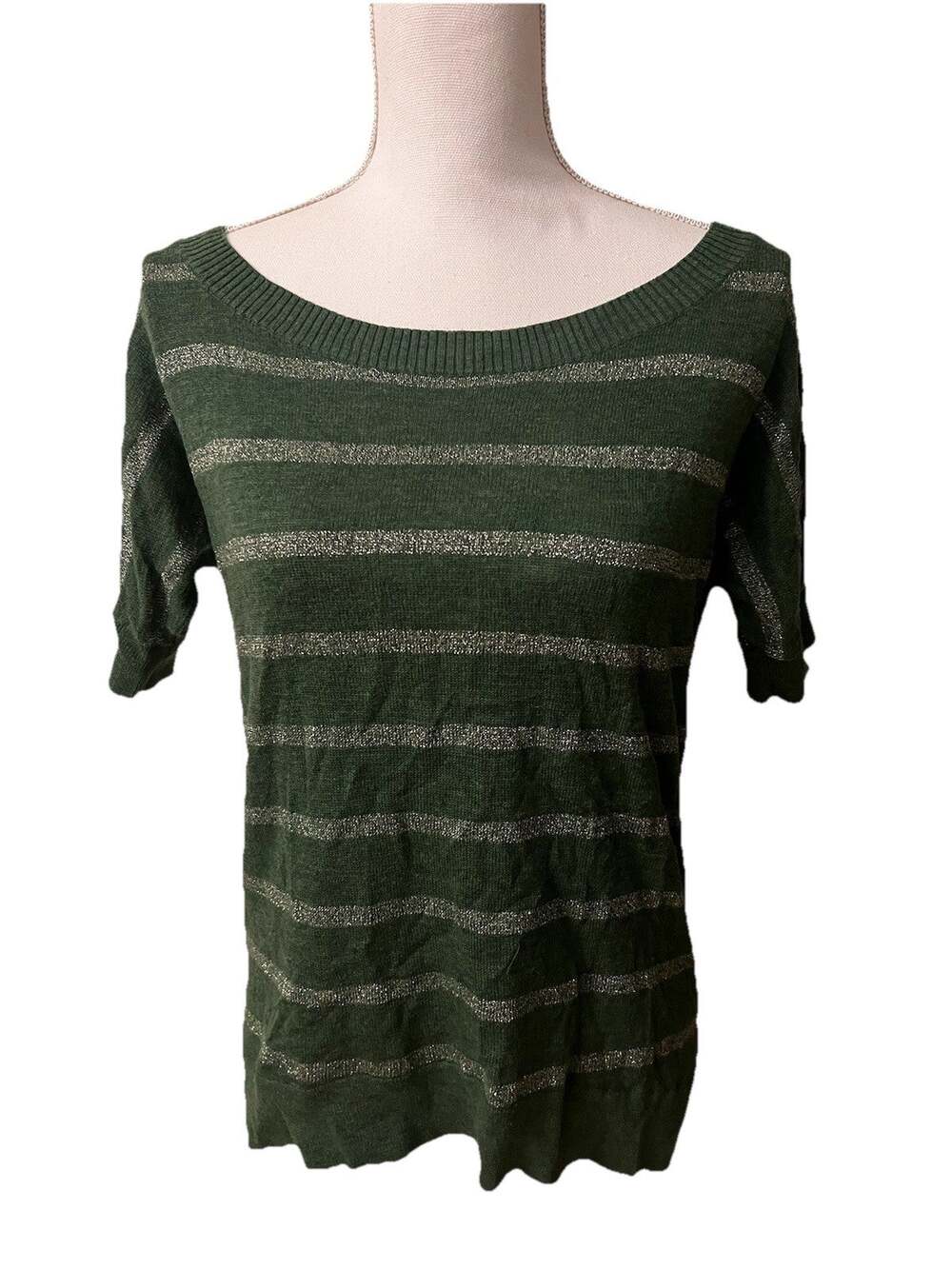 Banana Republic Y2K Short Sleeve Green Silver Stripe Sweater XS